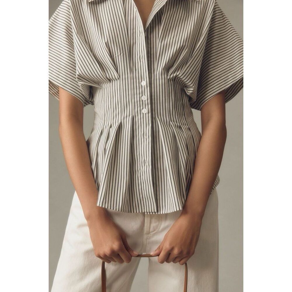 Anthropologie White and Black Pinstripe Button-Front Blouse - Picture 4 of 9